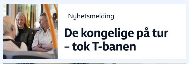 Klipp fra forsiden på NRK.no. Bilde av noen folk på t-banen og teksten "De kongelige på tur - tok T-banen"