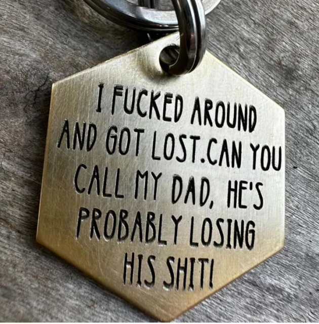 A dog tag that says "I fucked around and got lost.  Can you call my dad, he's probably losing his shit!"