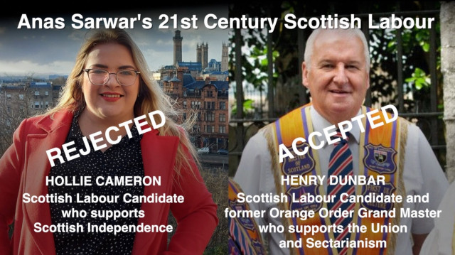 Scottish Labour councillors 

Independence supporting candidate rejected

Prominent member of the Orange Order accepted. 