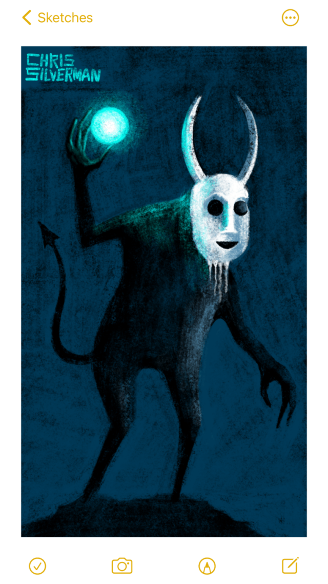 A dark figure with long, clawed hands and a pointed tail stands on a small promontory. In its right hand, the figure holds up a glowing blue orb. The figure's head is white, with two long, thin horns, a thin scraggly beard, and empty black eyes that suggest a mask. The background is dark blue, suggesting night.