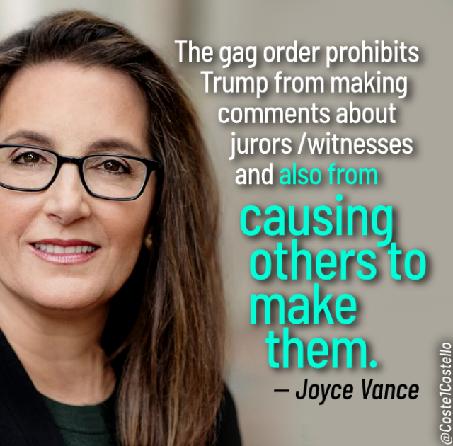 Gag order prohibits trump from making comments about jurors / witnesses and also from causing others to make them.

