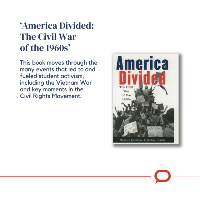 A graphic has an image of the book 'America Divided' 