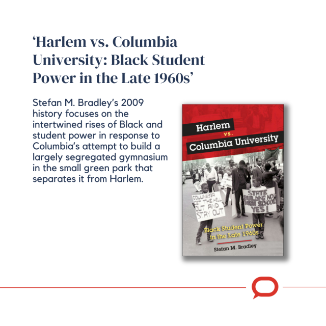 A graphic has an image of the book 'Harlem vs. Columbia University: Black Student Power in the Late 1960s'