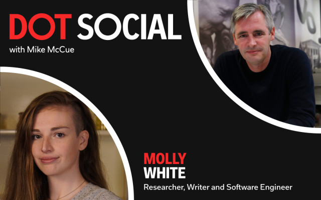 Image depicting Mike McCue's DotSocial podcast, which is an image of Mike McCue, Flipboard CEO, and Molly White, researcher, writer and software engineer. 