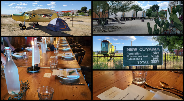 Clockwise from upper-left: my campsite, Blue Sky Center camp wagons, New Cuyama sign, name tags @ dinner, fancy group dinner.
