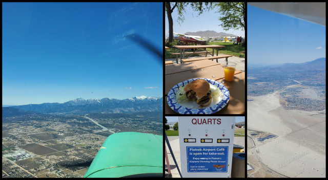 Clockwise from upper-left: Cajon Pass, double-cheeseburger lunch at Flabob, over Palm Springs (PSP), aviation oil dispenser! :)