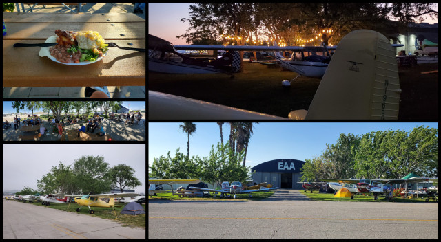 Clockwise from upper-left: dinner, evening at the Flabob camp, EAA Chapter #1, Sun morning marine fog, prizes!