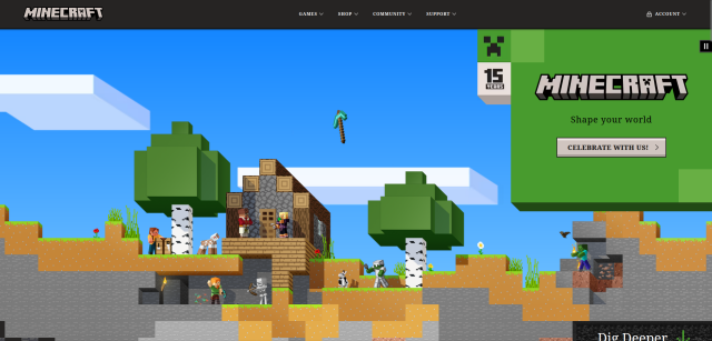 A screenshot showing celebratory home page of minecraft.net. There is a Minecraft world in the center which can be expanded using "Dig deeper" button in the bottom right corner allowing visitor to mine blocks. "MINECRAFT Shape your world" banner with "CELEBRATE WITH US!" button are visible on the right.
