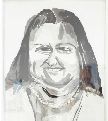 A monochrome ink and pencil full-face portrait of Gina Rinehart, depicting her with squinty eyes, wide face, and multiple chins precariously hanging over a pearl necklace.