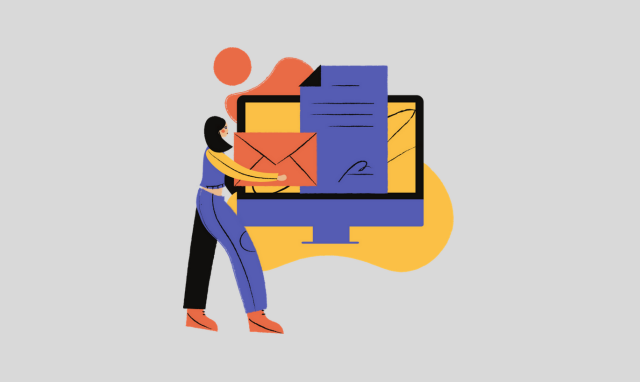 An infographic drawing of a woman carrying an email.