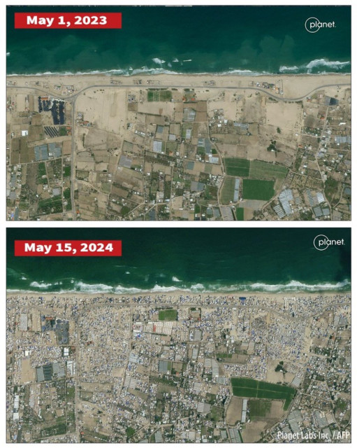 A combination photo obtained from Planet Labs PBC, shows the district of al-Mawasi, west of Khan Younis in the Gaza Strip May 1, 2023, and the tents housing internally displaced Palestinians in the al-Mawasi district west of Khan Younis May 15, 2024.

