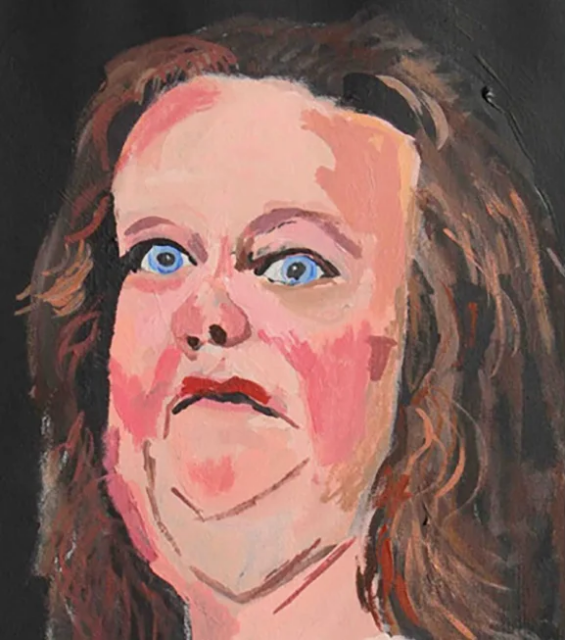 The second of the artist's unflattering portraits of the titan of industry's face.  Features include multiple chins and badly mismatched eyes that look like they're badly dilated from drug abuse.  Skin is splotchy and uneven.  The nose looks like a pig's nose, after being on the losing end of a bare-knuckles boxing match.