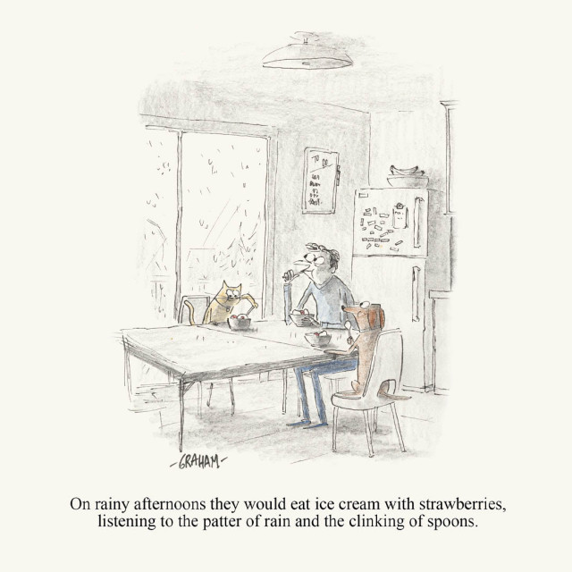 A cartoon illustration of a man and his cat and dog sitting at a kitchen table eating ice cream together while listening to the rain outside.