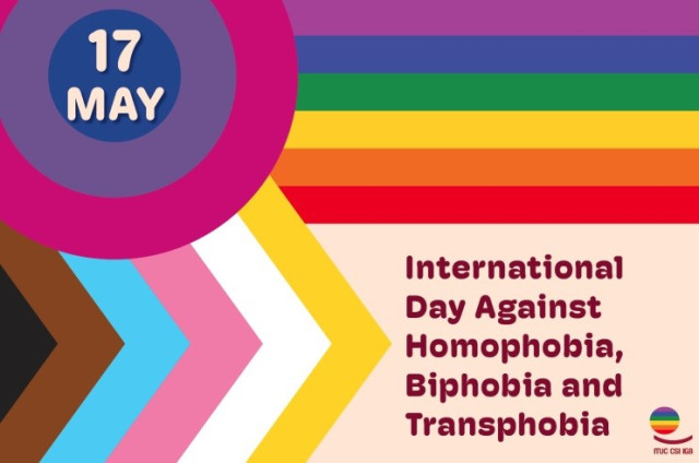 Rainbow and progress flag patterns. Reads: 17 May International Day Against Homophobia, Biphobia and Transphobia.