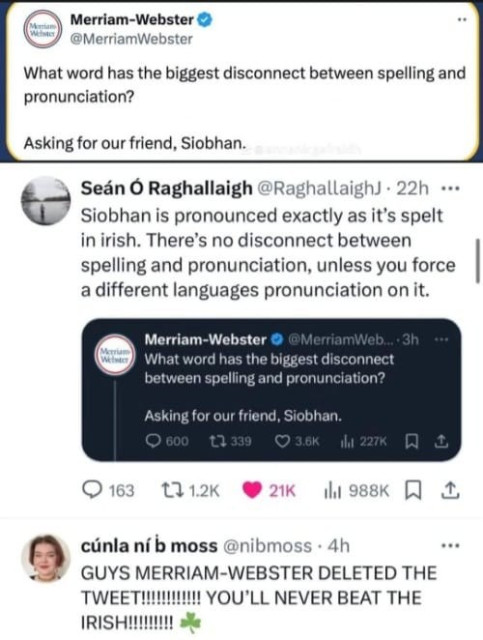 Tweet taking Merriam-Webster dictionary to task about not understanding that the name Siobhan is from a different language to English.