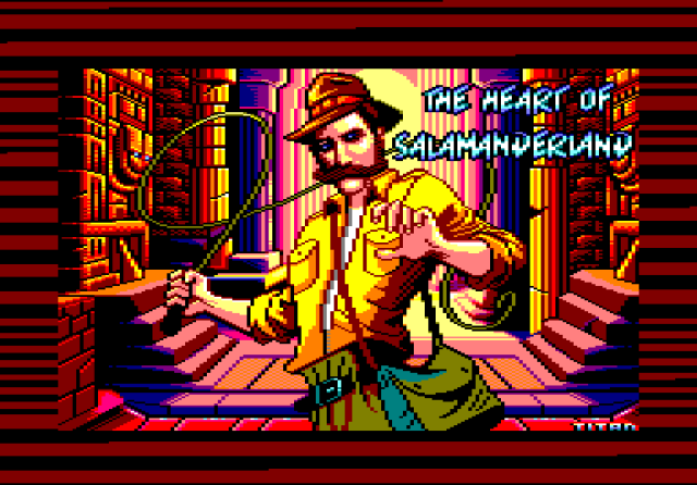 The Heart of Salamanderland loading from cassette.

The border shows the red and black lines of the turbo loader. The loading screen shows the title and the hero (Patton) using his whip in the dungeon of the game.