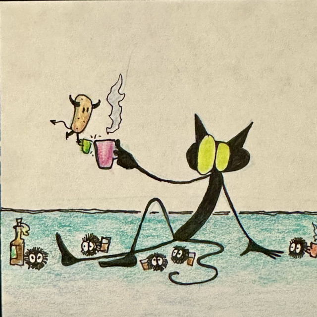 Drawing of a little gremlin enjoying a cup of tea

Zeichnung eines kleinen Gremlin, der eine Tasse Tee genießt