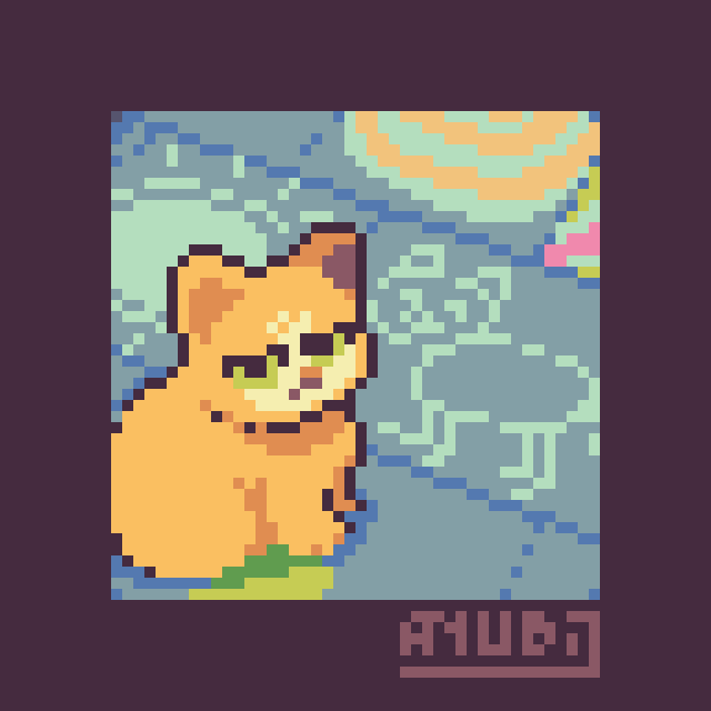 A Pixel Art Redraw featuring a cat sitting close to some chalk drawings. One of the chalk drawings seems to be the cat with a happy expression. The cat is not happy, but is instead staring with a serious expression at the viewer instead.
