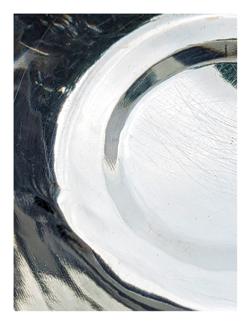 overhead view of a stainless steel water bowl with water in motion. it's outside and reflects and distorts the sky and nearby trees.