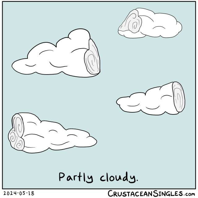 A sky with fluffy clouds, each of which is partial as though cut in half, with the inside visible in slightly swirling cross section. Caption: Partly cloudy.