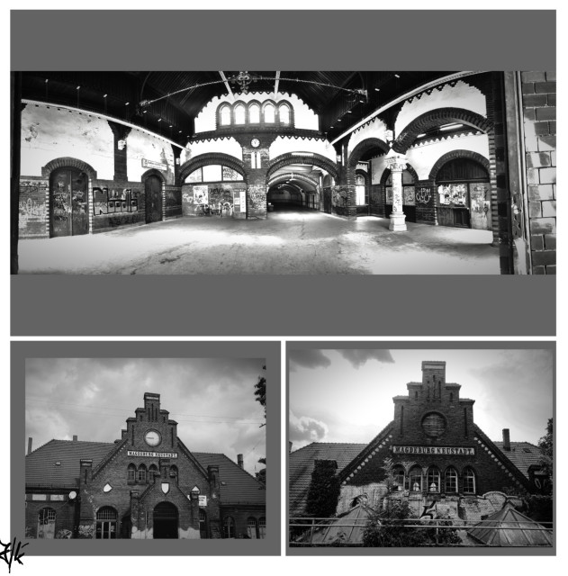 Schwarz-Weiß Fotocollage aus drei Bildern vom Neustädter Bahnhof in Magdeburg. Oben ein Panoramabild von der Eingangshalle. Unten rechts die Frontansicht und daneben ein Bild aus Blickrichtung Gleis 1. 