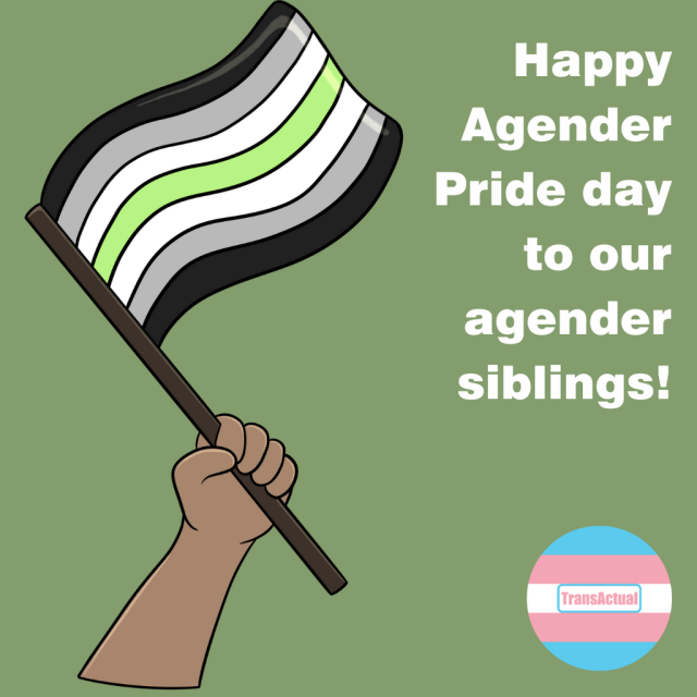 Illustration of a hand holding the agender flag - horizontal stripes in black, grey, white, green, white, grey and black. Text says: Happy Agender Pride day to our agender siblings.