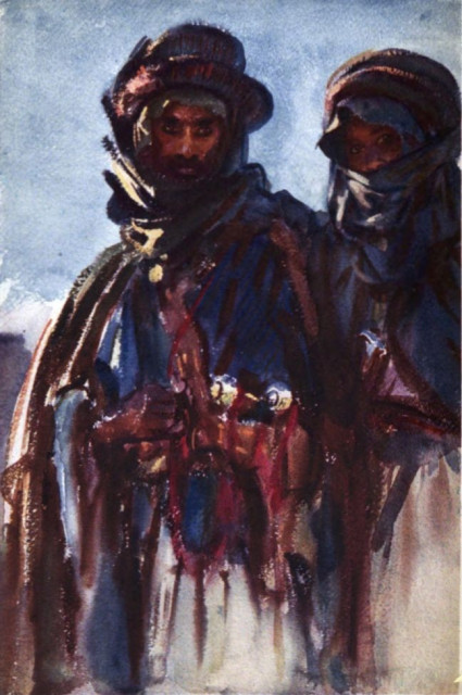 Bedouins of the Syrian Desert.
(JOHN SARGENT. R.A.)

Frontispiece of Syria, the Desert & the Sown

Author: Gertrude Lowthian Bell

Illustrator: John Singer Sargent

Available at PG:
https://www.gutenberg.org/ebooks/63731