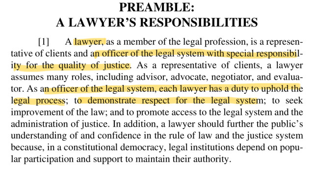 PREAMBLE:
A LAWYER'S RESPONSIBILITIES
[1] A lawyer, as a member of the legal profession, is a representative of clients and an officer of the legal system with special responsibility for the quality of justice. As a representative of clients, a lawyer assumes many roles, including advisor, advocate, negotiator, and evalua-tor. As an officer of the legal system, each lawyer has a duty to uphold the legal process; to demonstrate respect for the legal system; to seek improvement of the law; and to promote access to the legal system and the administration of justice. In addition, a lawyer should further the public's understanding of and confidence in the rule of law and the justice system because, in a constitutional democracy, legal institutions depend on popular participation and support to maintain their authority.