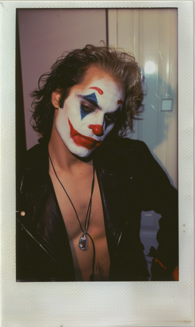 A Polaroid-style photograph of a person resembling The Joker, the iconic character from the Batman series. The individual has their face painted in classic Joker makeup: a white base with exaggerated red lips curving into a smile, a red nose, and blue shapes around the eyes and eyebrows. They have shoulder-length, wavy hair and are wearing a black leather jacket over a bare chest. A pendant necklace with a unique design hangs around their neck. The person has a contemplative or melancholic expression, with their head slightly tilted to one side. The overall look and feel of the image evoke a vintage, 90s aesthetic