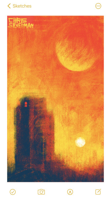 A scene that shows either a blazing sunrise or sunset. The sun is low towards the horizon; above it hangs a much larger planet, like the moon if it was several sizes bigger than it actually is. In the foreground stands a tall building, like a tenement, rising up out of an uneven landscape. The building does not appear to be in a city. It only has one window: a glowing red window at the very top. This is a primarily red and yellow drawing, with the building in navy blue.