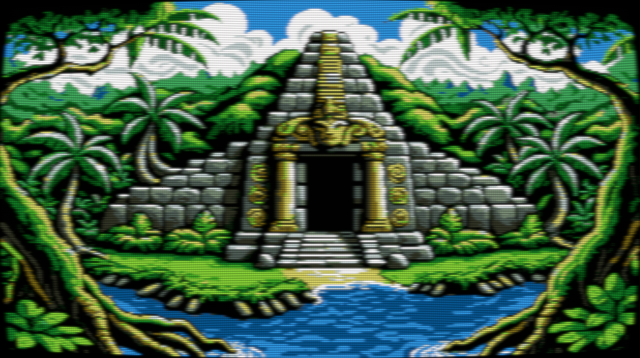 Pixel art of a majestic Mayan jungle river temple, where deep within the lush, emerald rainforest, a stone colossus rises from the earth's sacred embrace. Towering above a sea of verdant foliage, its intricately carved doorways whisper secrets of ancient civilizations, tales etched in stone and time. Golden light, like liquid fire, filters through the dense mosaic of leaves, casting ethereal beams that dance upon the temple’s weathered stones, illuminating a mystique hidden away for millennia. The air is thick with the scent of moss and earth.  Here, nature and history intertwine, a symphony of silence and whispers, where the temple stands as a silent sentinel, a keeper of forgotten lore. Shadows play upon its surface, revealing and concealing in a perpetual dance, as if the spirits of the ancients themselves infuse the air with their presence. In this enchanted realm, the past and present meld into a timeless dream. The image has a CRT filter applied.