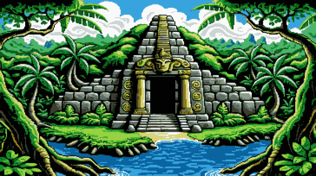 Pixel art of a majestic Mayan jungle river temple, where deep within the lush, emerald rainforest, a stone colossus rises from the earth's sacred embrace. Towering above a sea of verdant foliage, its intricately carved doorways whisper secrets of ancient civilizations, tales etched in stone and time. Golden light, like liquid fire, filters through the dense mosaic of leaves, casting ethereal beams that dance upon the temple’s weathered stones, illuminating a mystique hidden away for millennia. The air is thick with the scent of moss and earth.  Here, nature and history intertwine, a symphony of silence and whispers, where the temple stands as a silent sentinel, a keeper of forgotten lore. Shadows play upon its surface, revealing and concealing in a perpetual dance, as if the spirits of the ancients themselves infuse the air with their presence. In this enchanted realm, the past and present meld into a timeless dream. 