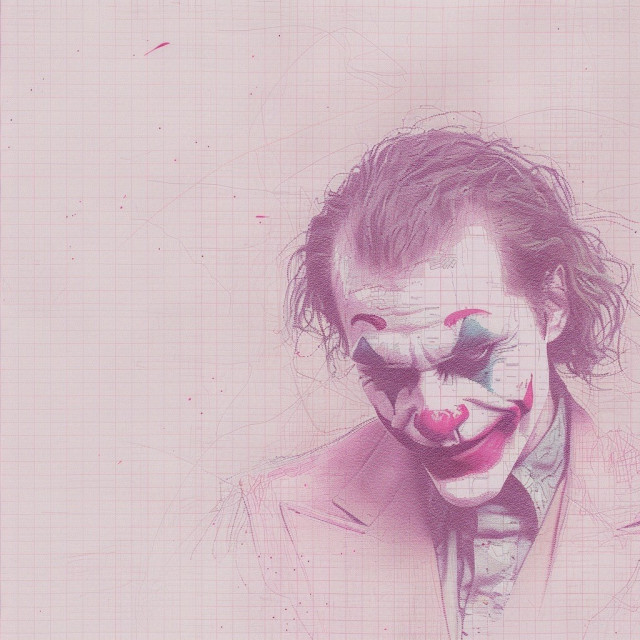 An artistic representation of The Joker, a famous character from the Batman series. The artwork features The Joker in his iconic makeup, which includes a white face with exaggerated red lips curved into a sinister smile, a red nose, and blue triangles above and below the eyes. His hair is disheveled and wavy.

The style of the image is distinctive, with a pinkish hue and a background resembling graph paper with faint grid lines. The drawing has a sketch-like quality, with visible lines and shading that give it a textured appearance. The Joker’s expression is melancholic and reflective, adding depth to the character’s portrayal. The overall effect is a blend of chaos and order, capturing the essence of The Joker’s persona.