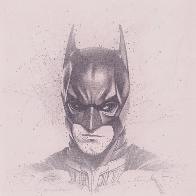 An artistic rendering of Batman, the iconic superhero from DC Comics. The artwork features Batman in his distinctive cowl and armor. His cowl has the signature pointed ears, and his face is partially covered, revealing only his intense eyes and firm mouth.

The overall color tone of the image is a soft pink, and the background includes abstract, sketch-like lines and dots, adding a dynamic and textured feel. The style gives a sense of both structure and intensity, capturing Batman’s vigilant and determined nature.