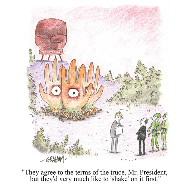 A cartoon illustration of three hand-shaped aliens with single eyes in their palms angrily waiting for the president and his men to address them.