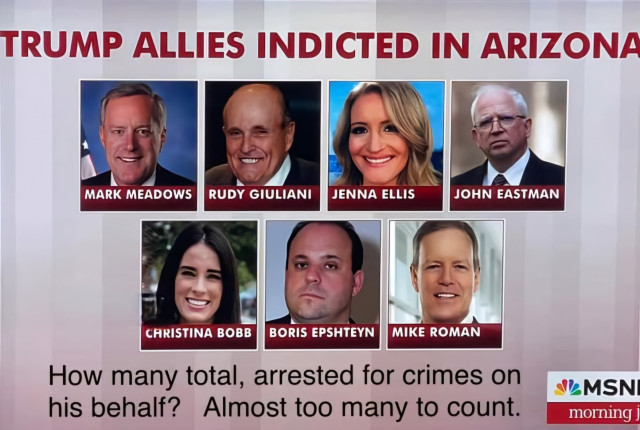 TRUMP ALLIES INDICTED IN ARIZONA Fraudulent Electors scheme to steal the election.

MARK MEADOWS

RUDY GIULIANI

JENNA ELLIS

JOHN EASTMAN

CHRISTINA BOBB

BORIS EPSHTEYN

MIKE ROMAN

How many total were arrested for crimes on his behalf? Almost too many to count.

Regardung Maricopa County sheriff's arrest.

MSNBC NEWS