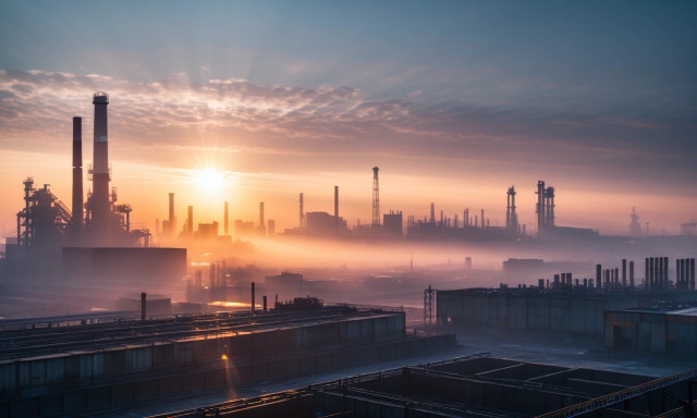 Industrial landscape at sunrise with factories and smokestacks amid fog.