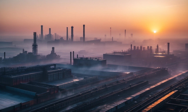 Industrial landscape at sunrise, with factory buildings and smokestacks surrounded by mist.