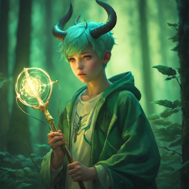 A mischievous boy with green hair and horns, holding a magical wand.