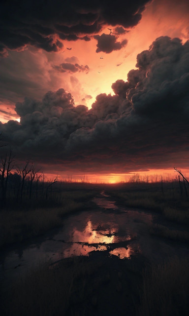 A dramatic sunset over a marshland with dark clouds and a fiery orange sky, reflected in the water below. Silhouettes of trees add to the moody atmosphere.