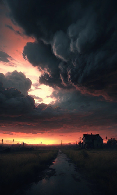 A dramatic sunset sky with dark, swirling clouds over a rural landscape. A dilapidated house sits near a dirt road that stretches into the distance.