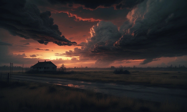 Rural landscape at sunset with a dramatic, cloudy sky. An isolated house stands near a wet road and grassy fields.