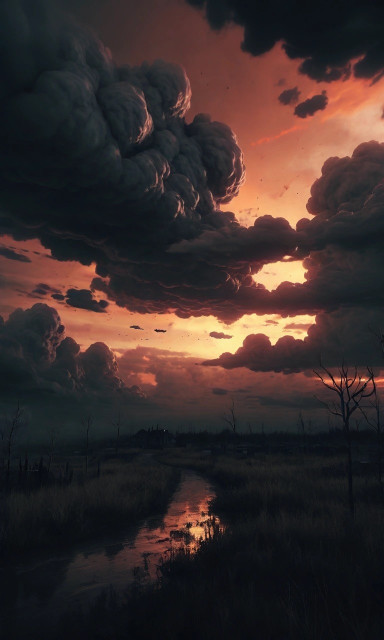 Dramatic sunset with dark, stormy clouds over a barren landscape. A reflective path leads to a distant house, creating a moody atmosphere.