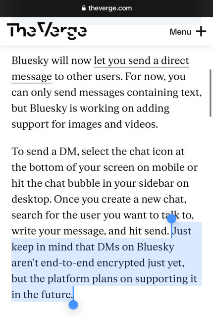 
Tha Verge

Bluesky will now let you send a direct
message to other users. For now, you
can only send messages containing text,
but Bluesky is working on adding
support for images and videos.
To send a DM, select the chat icon at
the bottom of your screen on mobile or
hit the chat bubble in your sidebar on
desktop. Once you create a new chat,
search for the user you want to talk to,
write your message, and hit send. (Highlighted) Just
keep in mind that DMs on Bluesky
aren't end-to-end encrypted just yet,
but the platform plans on supporting it
in the future.