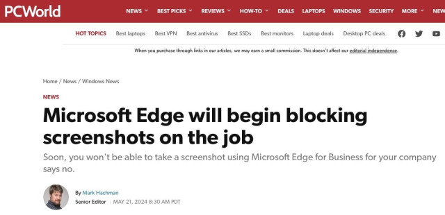 Headline: Microsoft Edge will begin blocking screenshots on the job