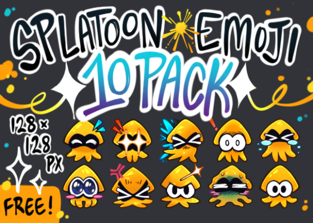 A promo picture of a Splatoon emoji 10 pack. The picture includes the 128x128 px dimensions, the fact that the pack is free, and ten squid emojis, looking happy, eager, hit by ink, shocked, crying, cute, frustrated, queasy and neutral.