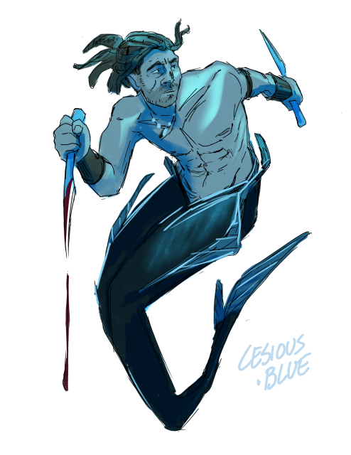 illustration of a character in blues and greens: Charles Vane from black sails as a mermaid. He holds two sharp blades and looks off the canvas warily