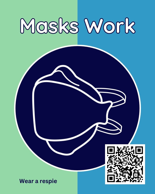Graphic of the outline of a respirator in a dark blue circle. One side of image is green and one side is light blue. At the top is white text that says “masks work” and at the bottom is blue text that reads “wear a respie”. Bottom right is a QR code image that links to a study on mask efficacy 