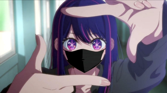 Illustration: art in anime style of a purple-haired person with long hair and bangs, violet eyes, wearing a black mask. They are framing their face with their hands. Illustration by Queenmask: https://www.deviantart.com/queenmask