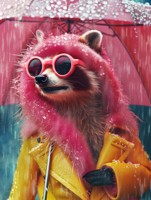 A highly detailed and colorful illustration of an anthropomorphic raccoon. The raccoon is dressed in a fashionable yellow raincoat with a pink fur-trimmed hood, giving it a trendy and vibrant look. It is wearing large, round, pink sunglasses and holding a pink umbrella, which is covered in raindrops, indicating a rainy setting. The raccoon exudes a stylish and confident demeanor, standing out against the blurred background that focuses attention on its chic attire. The overall scene conveys a modern and fashionable vibe, blending the whimsical nature of the raccoon with high-fashion elements.
